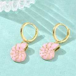 真鍮エナメルフープダングルピアス（女性用）  巻き貝の形  ラックめっき  長持ちメッキ  鉛フリー＆カドミウムフリー  18KGP本金メッキ  30.5x11.5mm&nbsp;EJEW-A167-07G