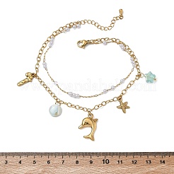 Summer Beach 304 Stainless Steel & Plastic Pearl & Gemstone Dolphin Starfish Charm Double Layer Anklets for Women&nbsp;AJEW-K054-06G