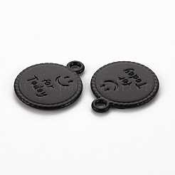 スプレープリント合金ペンダント  カドミウムフリー＆鉛フリー  今日の単語のチャームが付いたフラットラウンド型  ブラック  17x14x1.5mm  穴：1.8mm&nbsp;LS-PALLOY-Q433-030I-RS