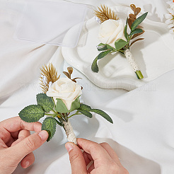 絹布 造花 ブートニエール  プラスチックと鉄のブローチ付き  結婚式のための  パーティーの装飾  PVC IDカードホルダー付き  フローラルホワイト  119~122x100~107x57mm  6pc&nbsp;AJEW-DR0001-55D