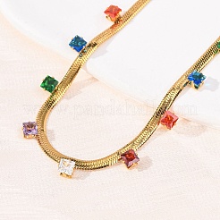 304 Stainless Steel Flat Snake Chain Necklaces with Square Cubic Zirconia&nbsp;NJEW-P355-02G-02