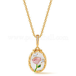 Vintage Brass Pave Clear Cubic Zirconia Enamel Oval with Flower Pendant Necklaces for Women&nbsp;WGF0AA9-02