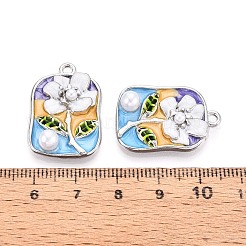 メッキ合金エナメルチャームラック  長方形と花  ABSの模造パールと  プラチナ  26x18x6mm  穴：1.8mm&nbsp;ENAM-N065-06P