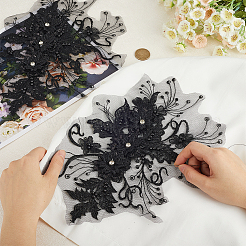 ポリエステルのパイエット刺繍布の縫い付けパッチ2枚  花  ブラック  245x330x3mm&nbsp;PATC-CY0001-01B