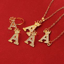 女性用レタークラウン合金ラインストーンペンダントネックレス＆スタッドピアス＆リング＆ブレスレットセット  文字a  420mm&nbsp;FS-WG4B6BC-02