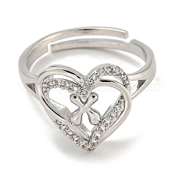 Heart with Letter Rack Plating Brass Micro Pave Clear Cubic Zirconia Adjustable Rings for Women&nbsp;RJEW-I105-01P-W