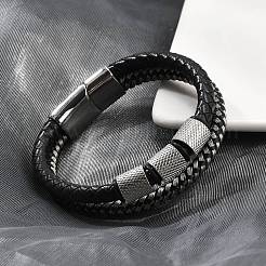 編みこみレザーマルチ連ブレスレット  316サージカルステンレススチールと304ステンレススチールの金具付き  ステンレス鋼色  8-1/4インチ（21cm）&nbsp;BJEW-Z081-15P