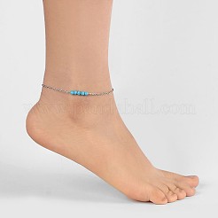 ラウンド合成ターコイズビーズアンクレット  ステンレス製のチェーンとカニカン付き  220x2mm&nbsp;AJEW-AN00103-01