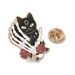 ハロウィンエナメルピン  バックパック用合金ラペルピンバック  骸骨の手を持つ猫  ブラック  30.5x25mm&nbsp;JEWB-L021-01D-KCG