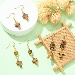 3 ペア 3 スタイル クロス & チップ & クロス ナチュラル タイガー アイ ダングル イヤリング  本物の18Kゴールドメッキ304ステンレススチールイヤリング  37~58x10.5~11mm  1ペア/スタイル&nbsp;EJEW-JE05306