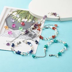 女の子の女性のために設定された混合宝石チップビーズブレスレット  ラウンドシェルパール＆オパライトチップ＆合成ムーンストーンビーズブレスレット  プラチナ  7-1/4インチ（18.3cm）  4個/セット&nbsp;X1-BJEW-TA00019