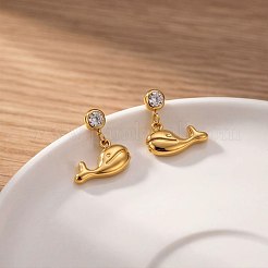 女性用304ステンレススチール製キュービックジルコニアスタッドピアス  クジラ  ゴールドカラー  13x14mm&nbsp;WG7577E-01