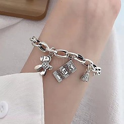 ヒップホップスタイルの真鍮チャームブレスレット  女性用アズキチェーンブレスレット  馬とドルと魚  アンティークシルバー  6-1/2インチ（16.5cm）&nbsp;FS-WG7DD61-03