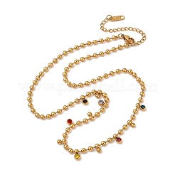 304 Stainless Steel Ball Chain Colorful Cubic Zirconia Flat Round Tassel Necklaces for Women&nbsp;NJEW-L157-10G