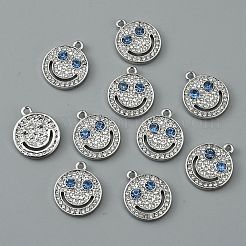 合金ラインストーンペンダント  笑顔のチャームとフラットラウンド  プラチナ  19.5x16.5x3.5mm  穴：1.8mm&nbsp;FIND-WH0110-451P
