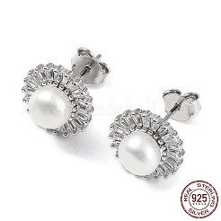 Anti-Tarnish Cubic Zirconia Flower with Natural Pearl Stud Earrings&nbsp;EJEW-F318-16P