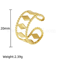 調節可能な304ステンレススチール製ワイドバンドカフオープンリング（女性用）  菱形  18KGP本金メッキ  20mm&nbsp;OK7219-1