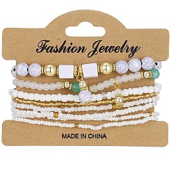 8個 8スタイル ガラスシードビーズストレッチブレスレットセット  女性用スタッカブルブレスレット  合金と  ホワイト  2-3/8インチ（6cm）&nbsp;WG2CB6D-02