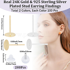 200個 2色 304ステンレススチールスタッドピアス金具  フラットラウンド  200個のプラスチック製イヤーナット  本物の 24k ゴールド & 925 スターリングシルバーメッキ  ミックスカラー  5~6x0.3~7mm  穴：0.8mm  ピン：0.7mm&nbsp;STAS-BBC0004-88