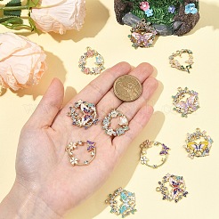 9 個 9 スタイル ラック メッキ合金エナメル ペンダント  ラインストーン付き  ゴールドカラー  蝶のチャームが付いた花輪  ミックスカラー  25~29.7x24~28.4x2~3mm  穴：1.6~2mm  1個/スタイル&nbsp;FIND-YW0010-66