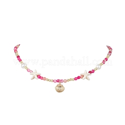 Dyed Natural Agate Faceted Round and Natural Cultured Freshwater Pearl & Starfish Synthetic Turquoise Beaded Brass Shell Shape Pendant Necklaces for Women&nbsp;NJEW-JN05496-01