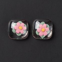 クリア樹脂カボション  正方形  ピンク  花柄  19x19x8mm&nbsp;RESI-G034-A06
