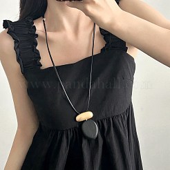 木製＆合金製オーバルペンダント、調節可能な黒色ワックスコードネックレス（女性用）  ゴールドカラー  ブラック  35.43インチ（90cm）&nbsp;WG6CE6E-02