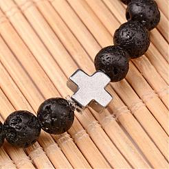 Cross Natural Lava Rock Beaded Stretch Bracelets&nbsp;BJEW-JB02258