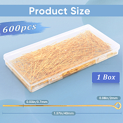 600本ブラスアイピン  カドミウムフリー＆鉛フリー  ゴールドカラー  21ゲージ  40x0.7mm  穴：2mm&nbsp;KK-SP0001-69C-G