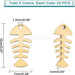 40個2色304ステンレスペンダント  レーザー切断  魚の骨  ゴールデン·ステンレス鋼色  16x7x1mm  穴：1.2mm  20個/カラー&nbsp;STAS-UN0028-46