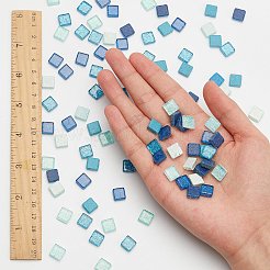 ガラスカボション  モザイクタイル  グリッターパウダー付き  家の装飾やdiyの工芸品  正方形  ブルー  10x10x4.5mm  約220個/箱&nbsp;GLAA-WH0015-44
