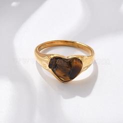 Heart Natural Tiger Eye Finger Rings&nbsp;RJEW-D303-01G-01