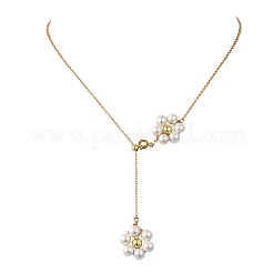 Adjustable Brass Shell Pearl Beaded Flower Pendant Lariat Necklaces&nbsp;NJEW-JN06496