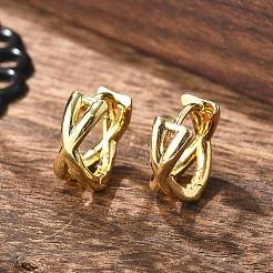 女性のためのラックメッキ真鍮クリスクロスフープピアス  カドミウムフリー＆ニッケルフリー＆鉛フリー  18KGP本金メッキ  12.5x13x7mm  ピン：0.9mm&nbsp;EJEW-B014-15G