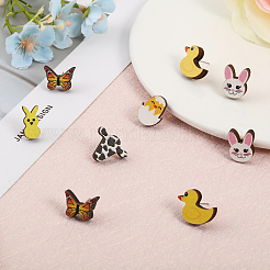 48Pcs 6 Styles Duck & Butterfly & Cow & Rabbit & Chick Wood Stud Earrings&nbsp;EJEW-CA0001-10
