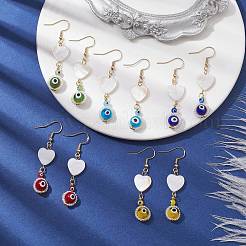 天然シェルハート＆ランプワークイーブルアイダングルイヤリング  ミックスカラー  55x12mm&nbsp;EJEW-MZ00121