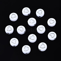 不透明な白いアクリルビーズ  シルバーハートのフラットラウンド  ホワイト  7x3.5mm  穴：1.5mm  約3600~3700個/500g&nbsp;MACR-Q242-005