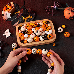 ハロウィンテーマのペイントされた天然木ビーズ140個  ラウンド＆ストライプ柄  ミックスカラー  16mm  穴：4mm&nbsp;WOOD-CD0001-19