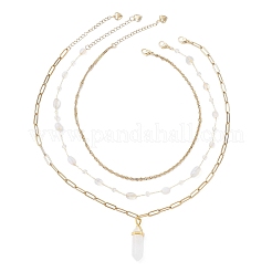 Natural Rose Quartz Double Terminated Pointed Bullet Pendant 304 Stainless Steel & Brass Chain 3 Layer Necklaces for Women&nbsp;NJEW-JN05477-04