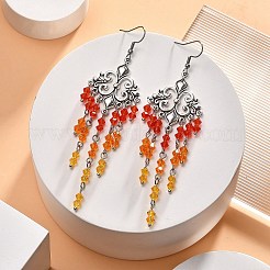 ガラスビーズフラワータッセルシャンデリアピアス  316サージカルステンレススチール製ロングドロップイヤリング（女性用）  レッド  106mm  ピン：0.8mm&nbsp;EJEW-TA00225-02