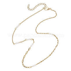 304ステンレススチールとホワイトラウンドシェルパールのハンドメイドリンクチェーンネックレス  ゴールドカラー  15.59インチ（39.6cm）&nbsp;NJEW-JN05990