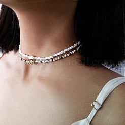 ボヘミアン風エスニックスタイルの天然シェル＆ガラスシードビーズの二重チョーカーネックレス  合金エンドチェーン付き  プラチナ  ホワイト  11-3/4インチ（30cm）  2個/セット&nbsp;FS-WG063D6-01