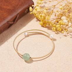 Natural Pearl & Green Aventurine Round Beaded Wrap Cuff Bangle&nbsp;BJEW-JB07923-04