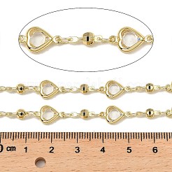 ラックメッキハート＆ラウンド真鍮リンクチェーン  クリアガラスと  長持ちメッキ  ハンダ付け  スプールで  ライトゴールド  ハート：12.5x7.5x2.5mm  約32.81フィート（10m）/ロール&nbsp;CHC-A007-06KCG