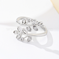 女性のための真鍮マイクロパヴェキュービックジルコニアカフリング  葉  銀  15.4x12.4mm  内径: 16mm~18mm&nbsp;MZ2848-2