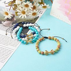 天然混石編組ビーズブレスレット  真鍮のビーズで  内径：2~3-3/8インチ（5.2~8.5cm）&nbsp;BJEW-JB06604