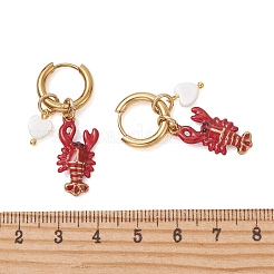 304ステンレススチール製エナメル加工のドロップフープピアス  カニとロブスター  天然淡水貝ビーズと202ステンレススチールを使用した女性用ハギーフープピアス  ゴールドカラー  32~36.5x15mm  2のペア/セット&nbsp;EJEW-JE07245