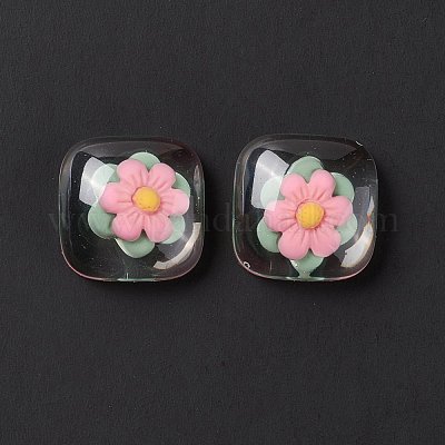 クリア樹脂カボション  正方形  ピンク  花柄  19x19x8mm&nbsp;RESI-G034-A06-1