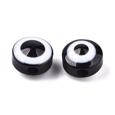 樹脂ビーズ  フラットラウンド  ナザールボンジュウ  ブラック  6x4mm  穴：1.5mm&nbsp;RESI-S339-4x6-01-1
