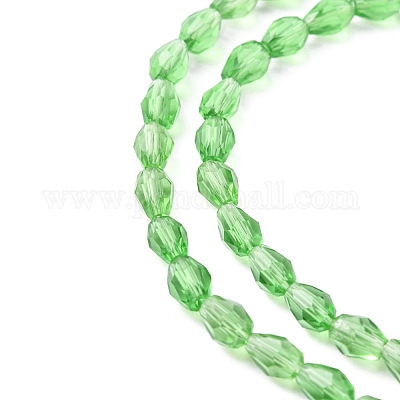 ガラスビーズ連売り  多面カット  ティアドロップ  グリーン  6x4mm  穴：1mm  約65~68個/連  14.96~15.35インチ&nbsp;X-GLAA-R024-6x4mm-6-1